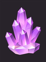 Purple jewelry cartoon gems. Crystal stalagmites and stalactites, colorful 3d luxury quartz, neon glowing amethyst or sapphire gemstone, ui item or design vector shiny geology object