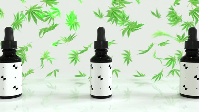 Seamless Loop of A lot of CBD oil bottles with marihuana leafs in between. White brackground