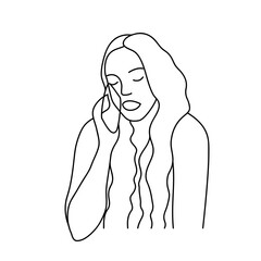 Minimalism hand drawn female vector portrait in modern abstract one line drawing graphic style. Decor print, wall art, creative design social media. Trendy template woman speaks on the phone