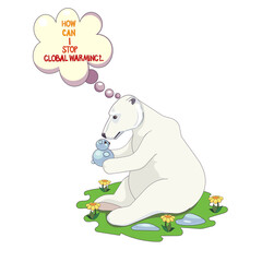 Polar Bear with a snow bear in Cartoon style, vector glacier Bear on white isolated background, copy space, text How Can I Stop Global Warming, concept of Glacier Melting, Protecting the Environment.