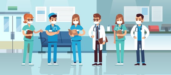 Doctors and nurses in hospital waiting room. Medical staff in protective masks in clinic reception, coronavirus treatment, covid-19 clinic interior, aid reception vector horizontal concept
