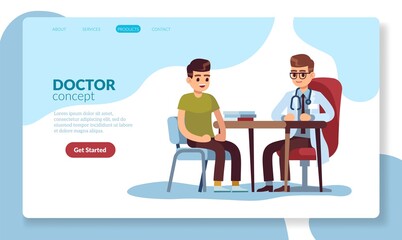 Medical landing page. Young cartoon characters doctor and patient web template. Diagnosis, consultation and examination in clinic, checkup and treatment in hospital, vector concept