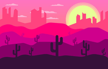 Fototapeta premium flat illustration of desert landscape. sunset over the desert. rocky landscape. cacti among the sand