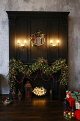 Fototapeta na wymiar wooden fireplace portal in a beautiful room