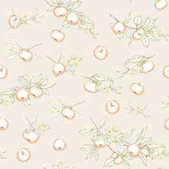 Fototapeta premium Mandarin, tangerine tree branch with fruits, flowers and leaves. Seamless pattern, background. Colored vector illustration. Isolated on white background..