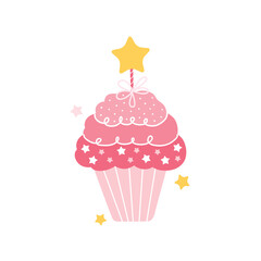 Small sweet cupcake with pink cream decorated with a star. Birthday cake for a wedding, birthday, anniversary isolated on a white background. Festive sweets. Hand drawn vector illustration