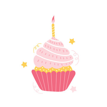 Small cupcake with pink cream decorated with a burning holiday candle. Festive cake for a wedding, birthday, anniversary isolated on a white background. Holiday sweets. Hand drawn vector illustration.