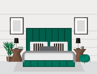 White bedroom in a modern style, large bed with a headboard, bedside table, lamp. Hotel room suite. Furniture store advertisement. Interior design with green accents. Housewarming card