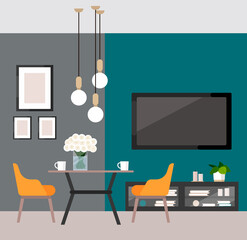 Living room modern design. Furniture store advertisement. Illustration for the website of a furniture store. Modern dining room, TV set, paintings, orange chairs, dining table, flower vase, chandelier