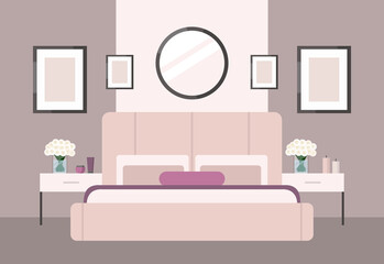 Luxurious bedroom in a classic style, large pink bed with a headboard, bedside table, roses. Hotel room suite. Furniture store advertisement. Interior design in Art Deco style. Housewarming card