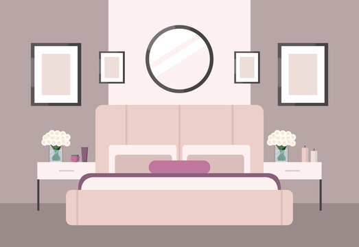 Luxurious bedroom in a classic style, large pink bed with a headboard, bedside table, roses. Hotel room suite. Furniture store advertisement. Interior design in Art Deco style. Housewarming card
