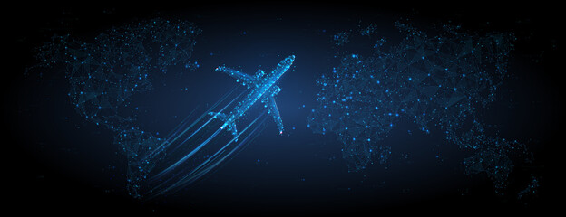 3d airplane flying over continents and ocean. Abstract vector top view wireframe. Digital airliner and world map concept in dark blue background. Low poly mesh with dots, lines and glowing stars