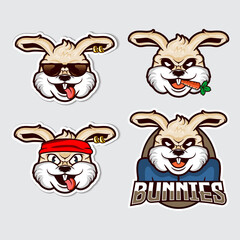 Bunny Head Vector. Bunny Cartoon Illustration. Rabbit Esport Logo. Rabbit Icon Logo. Rabbit Sticker Set
