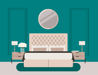 Luxurious bedroom in a classic style, large bed with a headboard, bedside table, vase of flowers. Hotel room suite. Furniture store advertisement. Interior design in Art Deco style. Housewarming card