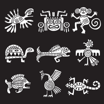 Ancient mexican symbol. Aztec tribal traditional symbols ornamental animals mayan objects recent vector illustrations. Aztec mexican animal turtle monkey and fish native design