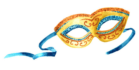 Venetian carnival mask, Italy, Venice. Hand drawn watercolor illustration isolated on white background