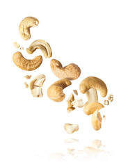 Fresh tasty Cashew nuts falling in the air