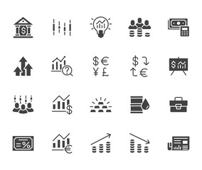 Investment flat icon set. Stock market, bond, financial analysis, broker, income increase black minimal silhouette vector illustration. Simple glyph signs for investor application