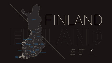 Detailed map of Finland, division and country information, travel poster in dark style, vector illustration