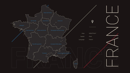 Detailed map of France, division and country information, travel poster in dark style, vector illustration