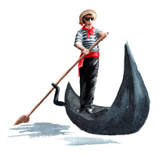 Venetian gondolier in traditional clothes, in a gondola with a paddle, Italy, Venice. Hand drawn watercolor illustration isolated on white background © dariaustiugova