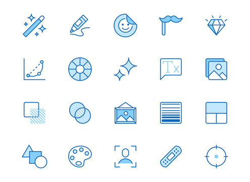 Photo edit line icon set. Image filter, add sticker, adjust curves, glow, heal minimal vector illustration. Simple outline signs for photography application ui. Blue color, Editable Stroke