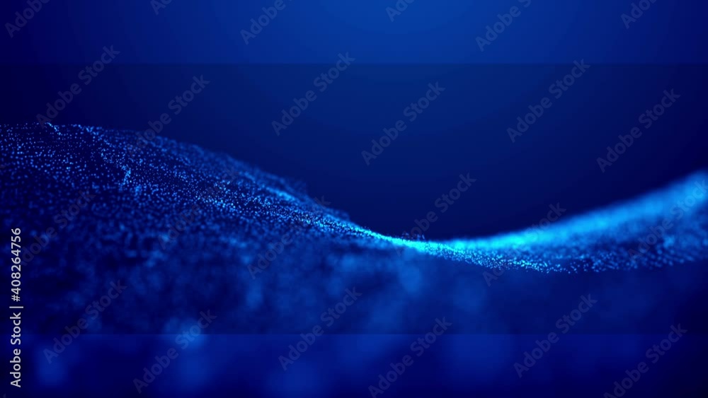Wall mural futuristic abstract particles dynamic swirl as glowing waves. 4k uhd 3d video loop frame sci-fi cybe
