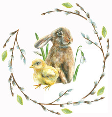 Naklejki  Akwarela ilustracja słodkiego króliczka wielkanocnego z żółtym kurczakiem z pięknymi białymi wiosennymi przebiśniegami i wieńcem z wierzby.