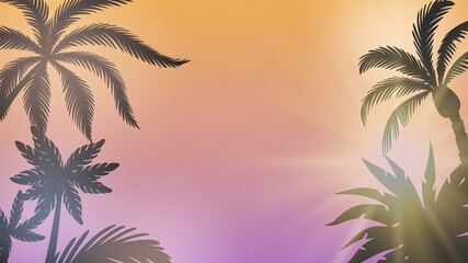 Palm background. Summer sunset, sunshine between branches. Seasonal party background, sunburst and tree silhouettes vector illustration. Natural outdoor beauty to vacation and travel