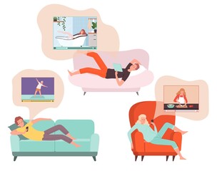 People watch podcasts. Tired man woman relaxed with smartphones and tablets, online video looking vector set. Illustration online communication, network screen video