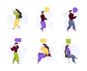 People phone talking. Characters holding smartphone and calling garish vector stylized persons. Young character male and woman communication illustration