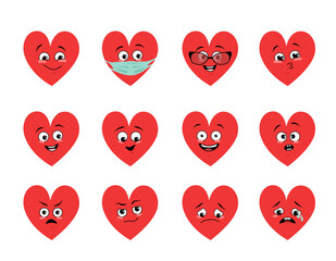 Set of icons of hearts with different emotions, mask and goggles