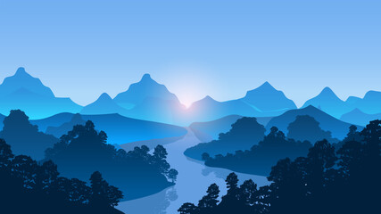Mountains with river and forest trees landscape vector Illustration.