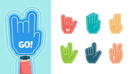 Fans fingers. Hands gestures for stylized cheering gloves victory thumbs up two one fingers vector symbols isolated on white background. Number glove souvenir to support competition team illustration