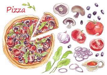 Watercolor hand painted delicious veggie pizza with mushrooms, tomatoes, spinach, onions and olives.
