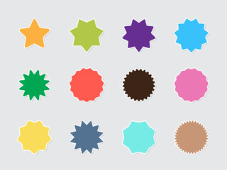 Burst stars. Circle colored emblems promo badges round starburst shapes garish vector flat labels collection stylized forms. Star promotion to advertising, quality colorweb signs illustration
