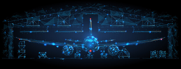Front view of an airplane in a hangar in dark blue. Airplane maintenance, aircraft repair service concept. Abstract polygonal 3d wireframe looks like a starry sky. Digital vector mesh with lines - obrazy, fototapety, plakaty