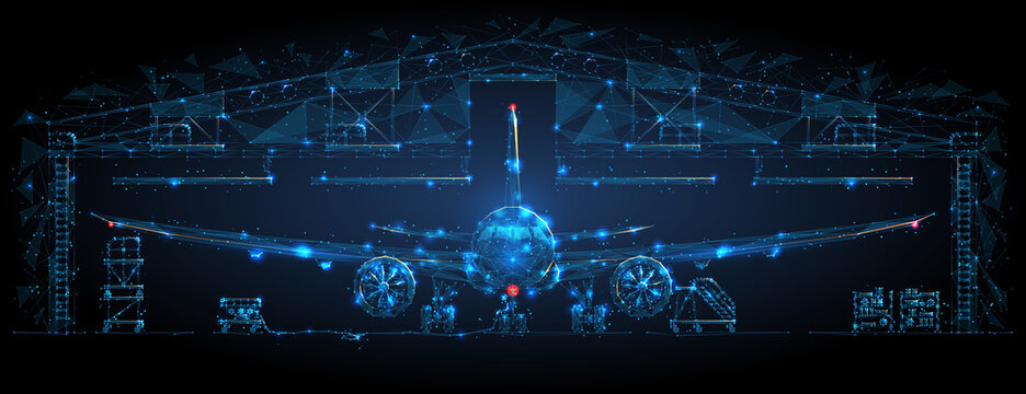 Front view of an airplane in a hangar in dark blue. Airplane maintenance, aircraft repair service concept. Abstract polygonal 3d wireframe looks like a starry sky. Digital vector mesh with lines