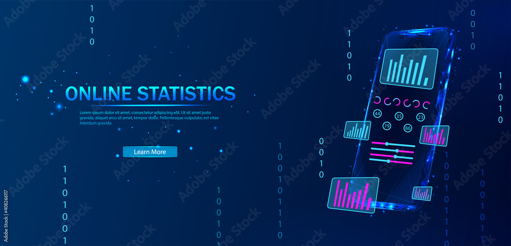 Poster application of smartphone with business graph and analytics data on isometric mobile phone.online st