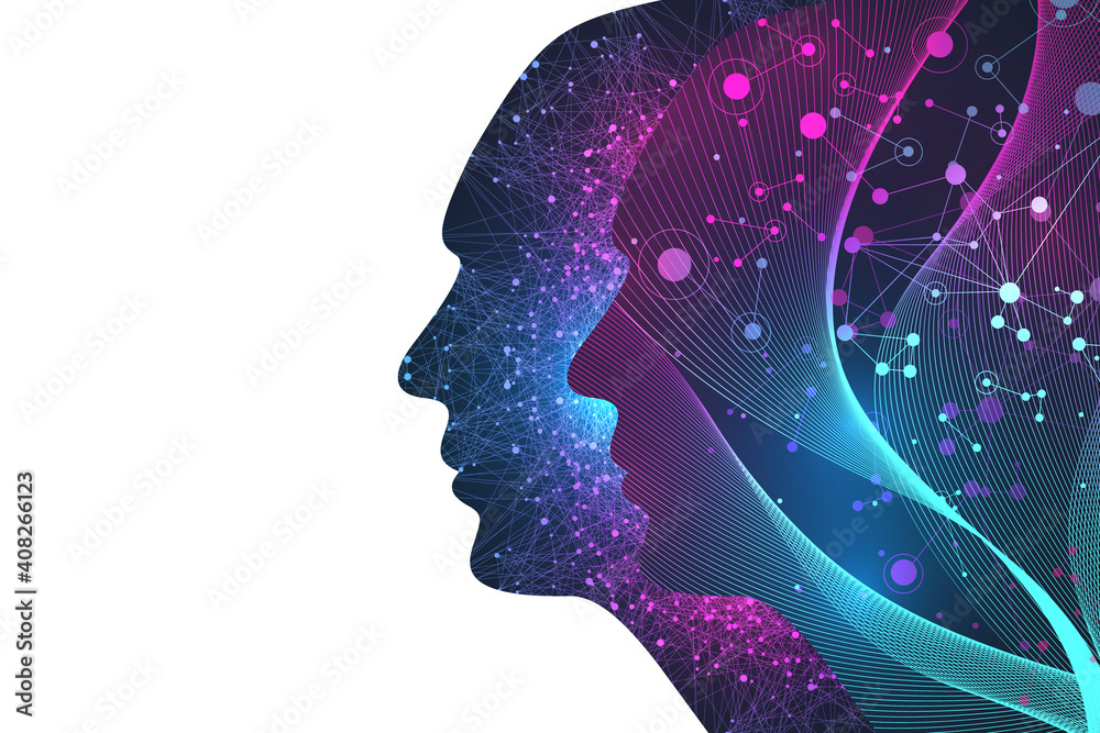 Aufkleber Futuristic Artificial Intelligence and Machine Learning Concept. Human Big Data Visualization. Wave Flow Communication, Scientific illustration.