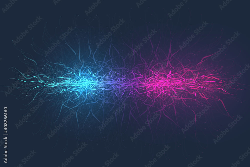 Aufkleber Geometric abstract background expansion of life. Colorful explosion background with connected line and dots, wave flow. Graphic background explosion, motion burst. Scientific illustration.