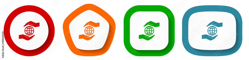 Poster hand care planet environment vector icon set, flat design buttons on white background