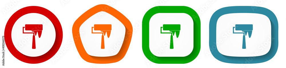 Poster Paintroll vector icon set, flat design buttons on white background