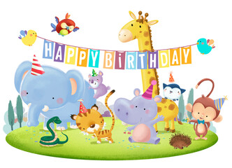 Obraz na płótnie Canvas Birthday greeting with funny animals
