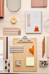 Stylish office supplies arranged on table