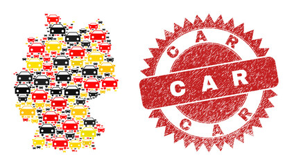 German state map mosaic in Germany flag official colors - red, yellow, black, and grunge Car red rosette watermark. Vector car design elements are scattered into mosaic German map mosaic.