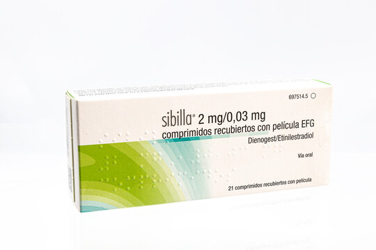 Huelva, Spain - January 25, 2021: Spanish Box of dienogest and ethinyl estradiol brand sibilla. Hormonal contraceptive for women (a combined oral contraceptive) with a progesterone and an estrogen
