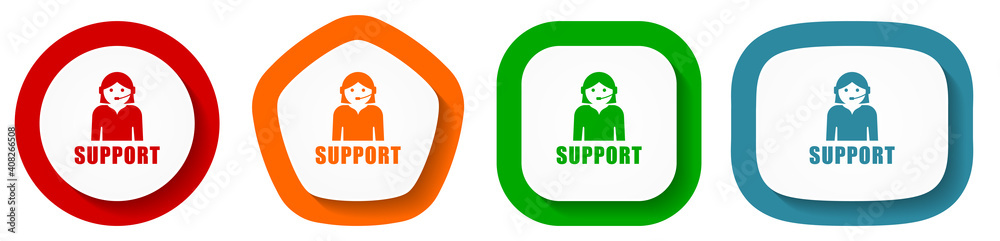 Poster Support vector icon set, flat design buttons on white background