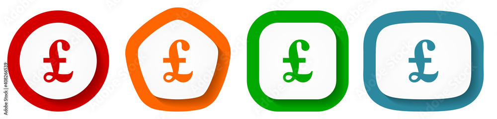 Poster pound vector icon set, flat design business buttons on white background