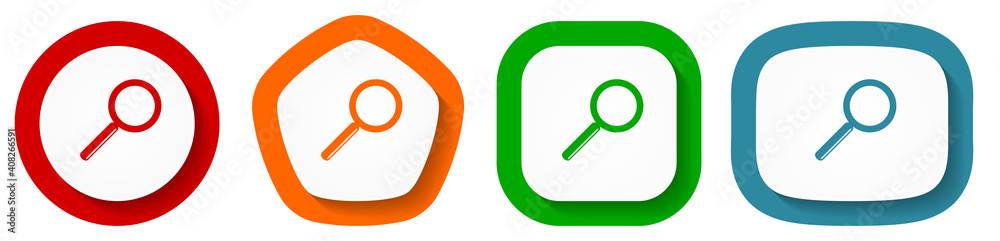 Poster search vector icon set, flat design zoom buttons on white background